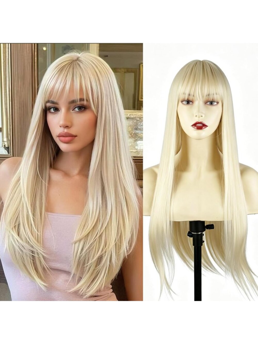 Women's Blonde trendy Long Straight Wig with Bangs for 26 Inch Natural Heat